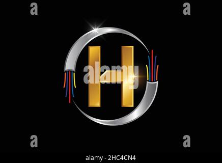 Anfangsbuchstabe des H-Monogramms mit elektrischem Draht, Glasfaserkabel. Schrift-Emblem. Stock Vektor