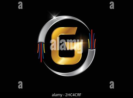 Anfangsbuchstabe des G-Monogramms mit elektrischem Draht, Glasfaserkabel. Schrift-Emblem. Stock Vektor