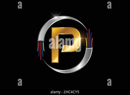 Anfangsbuchstabe P-Monogramm mit elektrischem Draht, Glasfaserkabel. Schrift-Emblem. Stock Vektor
