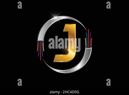 Anfängliches J-Monogramm Buchstabe Alphabet mit elektrischem Draht, Glasfaserkabel. Schrift-Emblem. Stock Vektor