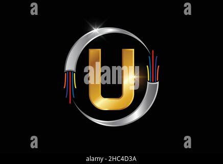 Anfangsbuchstabenalphabet mit U-Monogramm mit Elektrodraht und Glasfaserkabel. Schrift-Emblem. Stock Vektor