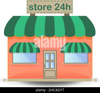 24-Stunden-Geschäft mit Blick auf das Ladengebäude mit Vorzeigeeingang und Beschriftungen auf dem Schild Stock Vektor