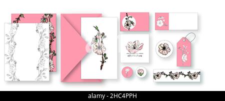 vektor-Set von Postkarten mit Blumendruck. Frühlingsmotiv. Stock Vektor