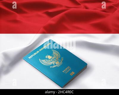 Indonesischer Pass auf einer Flagge indonesiens Stockfoto