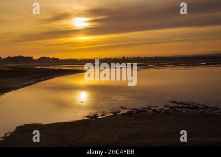 Der Sonnenuntergang auf der Isla Cristina spiegelt sich am Strand wider, wo die Vögel die letzten Meeresfrüchte fangen. Andalusien, Spanien Stockfoto