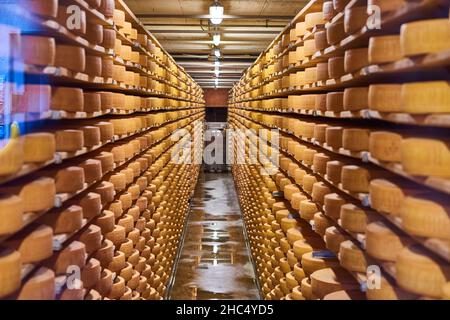 Besuch der Gruyere Käsefabrik und des Museums, Schweiz Stockfoto