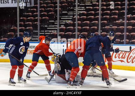 14 Grigori Denisenko, 19 Joe Thornton, 74 Owen Tippett, 72 Sergei Bobrovsky, 62 Brandon Mont während des Florida Panthers Training Day Stockfoto