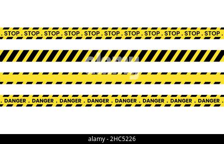 Schwarze und gelbe Streifengrenze der Polizei, Satz von Gefahr Vorsicht nahtlose Bänder Stock Vektor