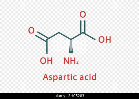 Chemische Formel für Asparaginsäure. Asparaginsäure strukturelle chemische Formel isoliert auf transparentem Hintergrund. Stock Vektor