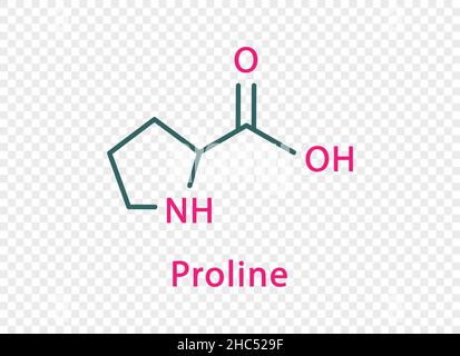 Proline chemische Formel. Proline strukturelle chemische Formel isoliert auf transparentem Hintergrund. Stock Vektor