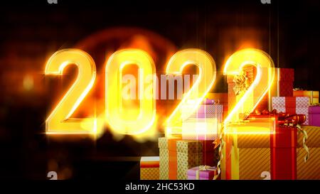 Text 2022 mit vielen vorhandenen Boxen und Lichtgitter - Abstract 3D Rendering Stockfoto