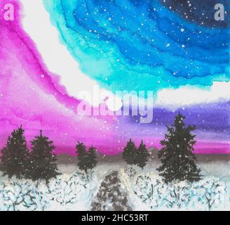 Amateur Aquarell Zeichnung eines Waldes, Schneefall und Abendsonne über dem Horizont gegen einen lila Himmel untergehen Stockfoto