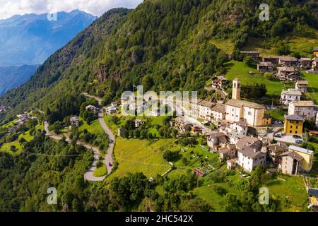 Valtartano, Valtellina (IT), Luftaufnahme von Campo Tartano Stockfoto