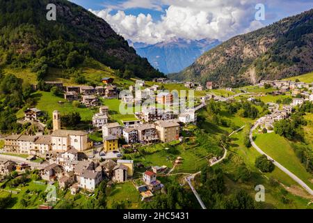 Valtartano, Valtellina (IT), Luftaufnahme von Campo Tartano Stockfoto