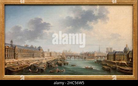 La seine en aval du Pont Neuf a Paris, Vue depuis le pont Royal sur la Grande Galerie du Louvre, la pompe de la Samaritaine, le Pont Neuf, la Place Da Stockfoto