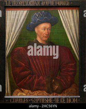 Portrait de Charles VII (1403-1461), roi de France, Peinture de Jean Fouquet (Vers 1415-Vers 1480), dont l'inscription sur le cadre peut faire allusio Stockfoto