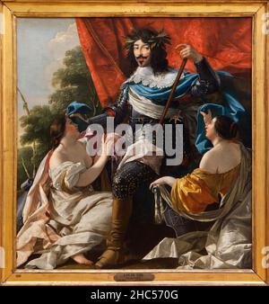 Portrait de Louis XIII entre deux figures de femmes symbolizant la France et la Navarre, Peinture de Simon Vouet (1590-1649). Paris, Musée du Louvre. Stockfoto