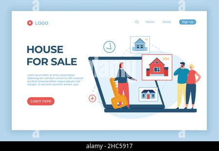 Ein Paar, das sich für ein Haus zur Miete entscheidet, verwendet einen Laptop. Illustration von Immobilien-Haus für Miete und Investitionen, Paar zu finden Haus zu verkaufen Vektor Stock Vektor