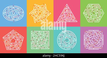 Labyrinth-Spiel, Suche nach Weg Puzzle Labyrinthe, rund Labyrinth. Einfache Labyrinthe in verschiedenen Formen, Logik finden Pfad Spiele für Kinder Vektor-Set. Die Wahl zu treffen, Ausgang zu finden, das Gehirn zu trainieren Stock Vektor