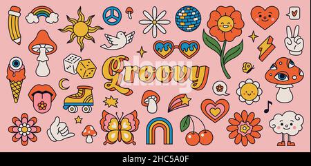 Retro 70s Hippie Aufkleber, psychedelisch groovige Elemente. Cartoon funky Pilze, Blumen, Regenbogen, vintage Hippie Stil Element Vektor-Set. Dekorative Disco-Kugel, fliegende Taube und Kirschen Stock Vektor