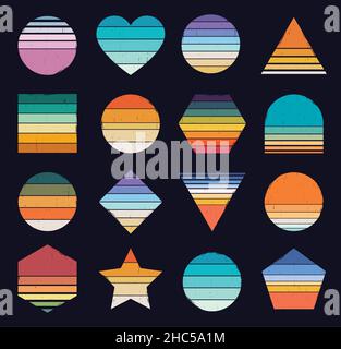 80s Retro-Sonnenuntergang mit Grunge-Struktur, abstrakte Vintage-Sonnenuntergänge. 1980s Stil gestreifte gradient Sonne in verschiedenen Formen für Logo-Design Vektor-Set. Bunte Linien in Form von Herz, Stern, Kreis Stock Vektor