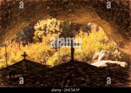 Agia Sofia Kapelle am Eingang einer Höhle auf der Insel Kythira, Griechenland. Digitale Lackierung. Stockfoto