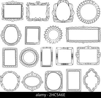 Doodle Fotorahmen, niedliche handgezeichnete Malrahmen. Scrapbook Tag Kritzeleien, Skizze Bild Rahmen mit dekorativen Elementen Vektor-Set. Runder, rechteckiger oder ovaler Spiegel Stock Vektor