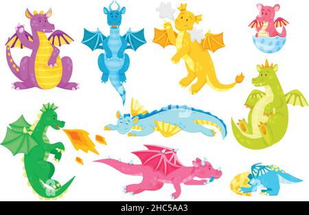 Cartoon Märchen Drachen Figuren, niedliche Baby Drachen. Fantasy Kreatur, die Feuer atmet, magische fliegende Reptilien, Märchentiere Vektorset. Kleine mythische Dinos schlüpfen aus dem Ei Stock Vektor