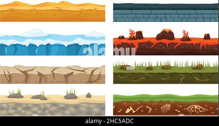 Cartoon nahtlose Landschaft Grundtypen, Spiel Vordergrund Elemente. Lava, Eis, Wüste, Gras Bodenschicht Oberflächenstruktur Vektorset. Dinosaurierknochen für die Archäologieforschung, aktiver Vulkan Stock Vektor