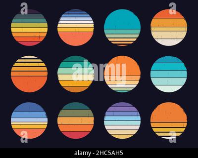 Sonnenuntergang im Retro-Stil, abstrakter Sonnenuntergang im 80s-er-Stil mit Grunge-Streifen. Vintage bunt gestreiften Kreisen für Logo oder Druck Design Elemente Vektor-Set. Runde Symbole Stock Vektor