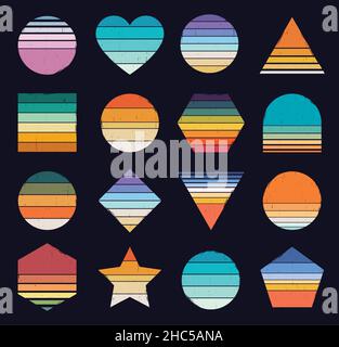 80s Retro-Sonnenuntergang mit Grunge-Struktur, abstrakte Vintage-Sonnenuntergänge. 1980s Stil gestreifte gradient Sonne in verschiedenen Formen für Logo-Design Vektor-Set. Farbe Stock Vektor