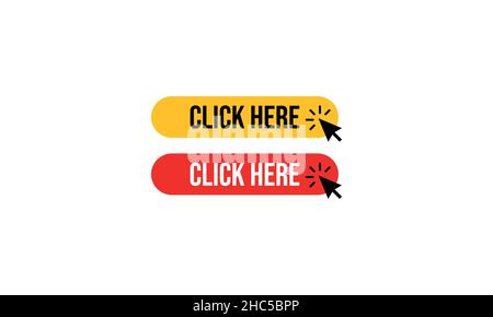 Rote und gelbe Klicken Sie hier-Schaltflächen mit einem Mausklick auf den Cursor Stock Vektor