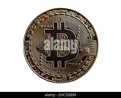 Bitcoin-Münze auf weißem Hintergrund isoliert. Kryptowährung. Stockfoto