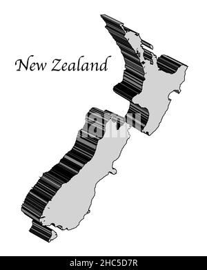 Skizzieren Sie die Karte von Neuseeland aus dem Jahr 3D auf einem weißen Hintergrund Stockfoto