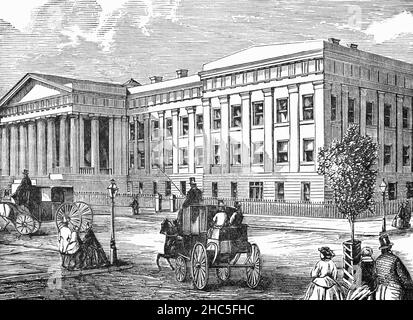 Eine Illustration des historischen Gebäudes des Alten Patentamts aus dem späten 19th. Jahrhundert in Washington, D.C., USA. Der vom Architekten Robert Mills im Stil der griechischen Wiedergeburt entworfene Bau begann 1836 und wurde 1867 fertiggestellt. Das Patentrecht der Vereinigten Staaten verpflichtet Erfinder, maßstabsgeteilte Modelle ihrer Erfindungen vorzulegen, die vom Patentamt einbehalten wurden. Einst Sitz vieler früher Regierungsabteilungen, beherbergt das Gebäude heute zwei Museen der Smithsonian Institution, das Smithsonian American Art Museum und die National Portrait Gallery. Stockfoto