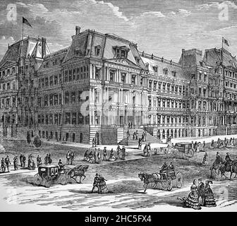 Eine Illustration des Eisenhower Executive Office Building aus dem späten 19th. Jahrhundert, das zwischen 1871 und 1888 im Stil des französischen Zweiten Kaiserreichs erbaut wurde. Früher bekannt als das Old Executive Office Building und noch früher als das State, war, and Navy Building, das US-Regierungsgebäude, das westlich des Weißen Hauses in der US-Hauptstadt Washington, D.C. liegt Stockfoto