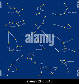 Sternbilder: cassiopeia, großer Dipper, cepheus, Lyra, Grus, cygnus, triangulum, cetus, Corona borealis, columba, lepus, delphinus, Vektor Stock Vektor