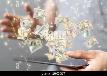 3D Render fallender Banknoten mit einem Menschen aus dem Hintergrund Stockfoto