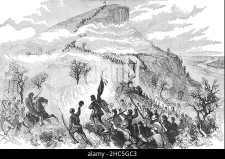 Eine Illustration der Schlacht am Lookout Mountain aus dem späten 19th. Jahrhundert wurde am 24. November 1863 im Rahmen der Chattanooga-Kampagne des amerikanischen Bürgerkrieges ausgetragen. Die Truppen der Union unter dem Generalmajor Joseph Hooker griffen Lookout Mountain, Chattanooga, Tennessee, an und besiegten konföderierte Truppen unter dem Kommando des Generalleuters Carter L. Stevenson. Lookout Mountain war ein Engagement in den Chattanooga-Schlachten zwischen dem Generalmajor Ulysses S. Grant's Military Division of the Mississippi und der Confederate Army of Tennessee unter dem Kommando von General Braxton Bragg. Stockfoto