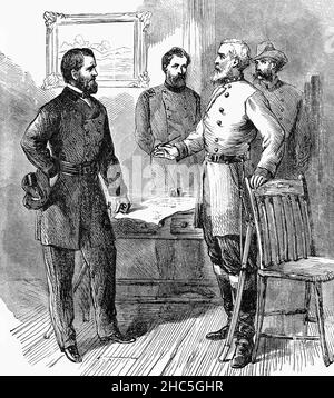 Eine Illustration der Kapitulation der Armee von Nord-Virginia durch General Robert E. Lees an Generalleutnant Ulysses S. Grant im Appomattox Court House, Virginia, USA, am 9. April 1865 aus dem späten 19th. Jahrhundert - oft das Ende des amerikanischen Bürgerkrieges genannt. Lees Kapitulation der größten südlichen Armee signalisierte jedoch, dass keine Hoffnung auf den Sieg der Konföderierten bestehen blieb. Die Entscheidung, sich mit Grant zu treffen und nach Bedingungen zu suchen, war für Lee schmerzhaft, aber die Zeit war gekommen, als er erkannte, dass weiterer Widerstand seinerseits aussichtslos war und nur zu einem unnötigen Verlust von Menschenleben führen würde. Stockfoto