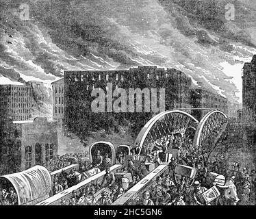 Eine Illustration des Great Chicago Fire aus dem späten 19th. Jahrhundert, ein Brand, der in der amerikanischen Stadt Chicago vom 8. Bis 10. Oktober 1871 brannte. Das Feuer tötete etwa 300 Menschen, zerstörte etwa 3,3 Quadratkilometer der Stadt, darunter über 17.000 Gebäude, und ließ mehr als 100.000 Einwohner obdachlos. Das Feuer begann in einem Viertel südwestlich des Stadtzentrums, nachdem es lange Zeit heiß, trocken und windig war und die Holzkonstruktion, die in der Stadt vorherrschte, zu einem Brand führte. Stockfoto