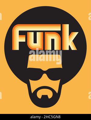 Funk farbenfrohe, individuelle Schriftzüge mit cooler Soul-Mann-Illustration. Vektor-Design für Funk- oder Soul-Musik im Retro-Stil der 70er Jahre Stock Vektor