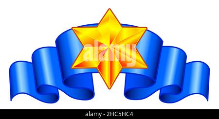 Illustration des goldenen Sterns Hexagramm auf blauem Band Stock Vektor