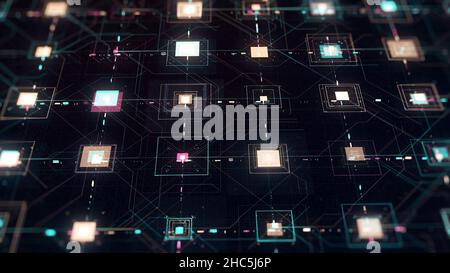 Datenverarbeitung im Abstract Server der Leiterplatte. Daten bewegen sich in Form von beweglichen Linien und Quadraten auf schwarzem Hintergrund, nahtlose Schleife. Stockfoto