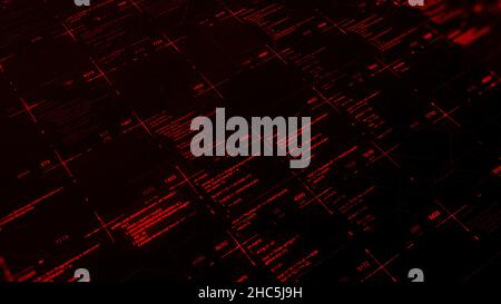 Abstraktes, modernes virtuelles Computerskript auf schwarzem Hintergrund, nahtlose Schleife. Arbeit von Software-Entwickler-Programmierer auf Desktop-Bildschirm, Cyberspace realit Stockfoto