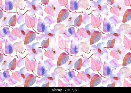 Aquarell-Blüten mit Zweigen und Blättern. Nahtloses Blumenmuster. Stockfoto