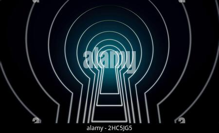 Die Tür in einem dunklen Raum öffnet sich und füllt den Raum mit hellweißem Licht, neuen Möglichkeiten Konzept. Abstrakte Silhouette von Tür und Schlüsselloch mit einem Schlüssel i Stockfoto