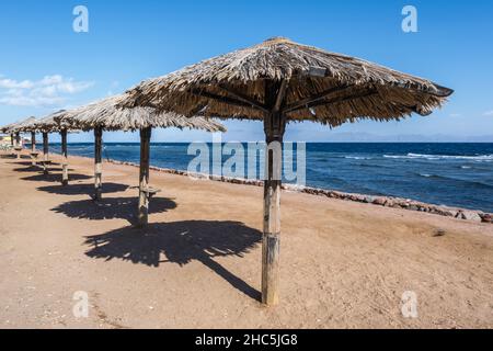 Sonnenschirme und Liegestühle aus Holz am Roten Meer an sonnigen Tagen Stockfoto