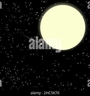 Illustration des schwarzen Nachthimmels mit Vollmond und Sternen Stockfoto
