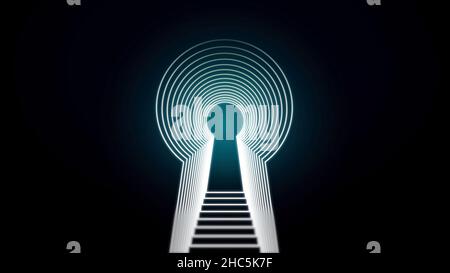 Die Tür in einem dunklen Raum öffnet sich und füllt den Raum mit hellweißem Licht, neuen Möglichkeiten Konzept. Abstrakte Silhouette von Tür und Schlüsselloch mit einem Schlüssel i Stockfoto